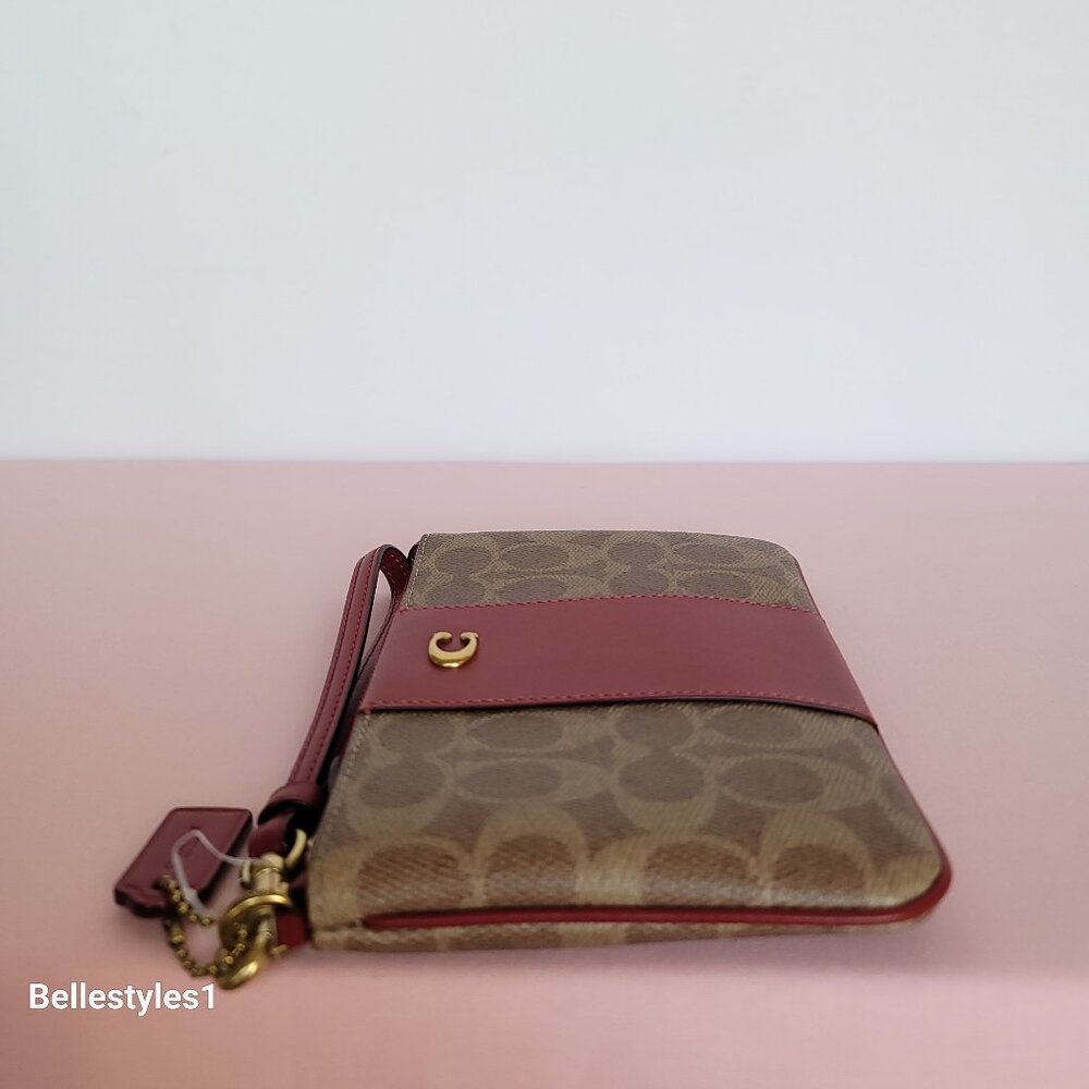 COACH Boxed Small Wristlet in Signature Canvas & Smooth Leather-Tan/Ruby color⭐ - Picture 12 of 16